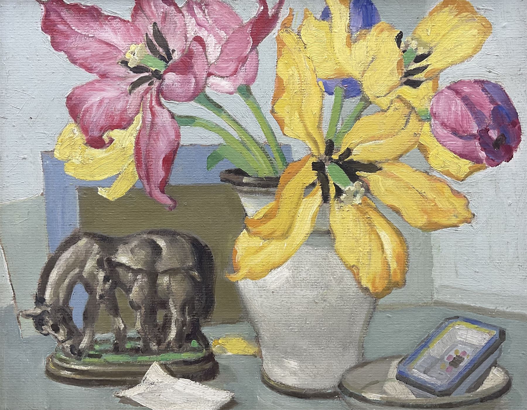 English School (Mid 20th Century): Still Life of Pink and Yellow Flowers, oil on board unsigned 29cm x 36cm 