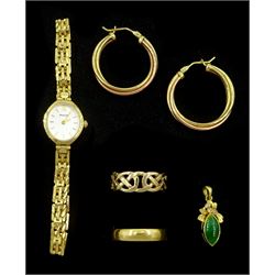 Gold green enamel and diamond pendant and a gold wedding band, both 18ct, gold Celtic design ring, pair of hoop earrings and a gold Accurist wristwatch, all 9ct