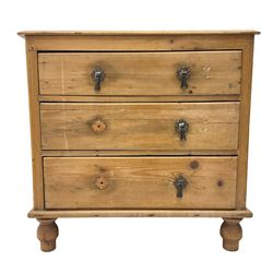 Victorian stripped pine chest, fitted with three drawers and raised on turned feet