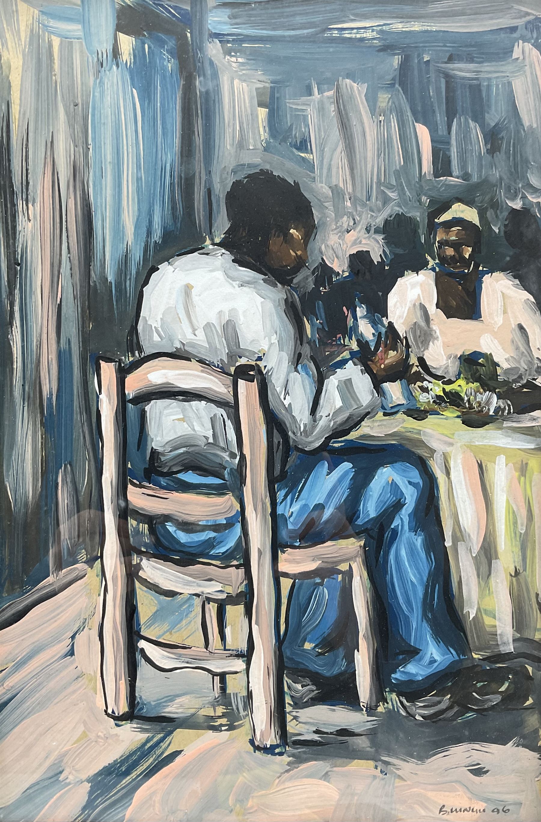 African Impressionist School (Late 20th Century): Figures in a Cafe, oil on board indistinctly signed and dated '96, 37cm x 25cm 