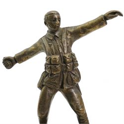 Sydney Wilkinson - bronze of a WWI soldier in the act of throwing a hand grenade, signed and on pine base H19cm 