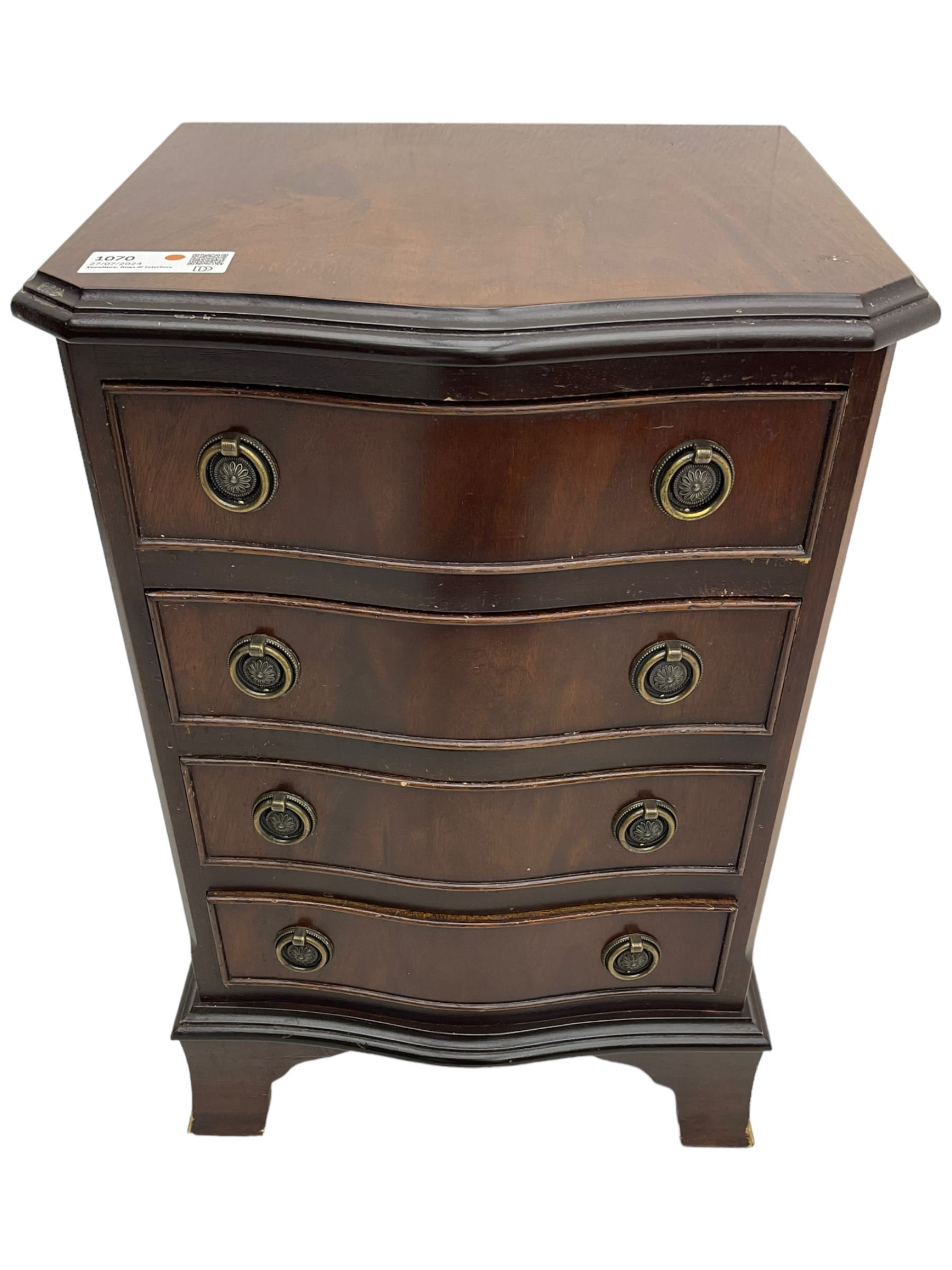 Georgian design mahogany bow front chest of drawers, four cock-beaded drawers with brass ring handles, raised on bracket feet