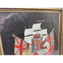 Early 20th century silk needlework panel, depicting a ship in full sail and Royal Coat of Arms to centre, with red and white ensigns to either side, lion and unicorn below with quote 'Dieu Et Mon Droit', upon a black silk ground within gilt frame, H59cm