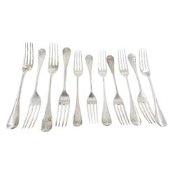 Set of eleven late Victorian Hanoverian pattern forks, to include four table forks and seven dessert forks, all engraved with initial B, hallmarked John Round & Son Ltd, Sheffield 1894 & 1896 