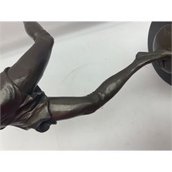 Art Deco style bronze, after Bruno Zach, modelled as a dancer with her arms raised, on a veined marble tapering base signed B. Zach and with foundry seal, H65cm