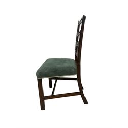 Set of twelve (10+2) Chippendale revival stained beech dining chairs, pierced waived ladder backs with over-stuffed over seats, on square moulded supports joined by stretchers