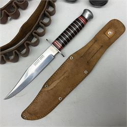 Mundial Brazil bowie knife, the 15.5cm steel blade inscribed 'Sheriff Knife', with banded and aluminium hilt; in leather sheath L29cm overall; British Army felt covered metal water bottle with webbing strap; leather 12-bore cartridge belt; and small pair of non-military binoculars in part case (4)