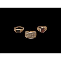 Three 9ct gold stone set rings, including diamond cluster ring, onyx ring and garnet ring,...