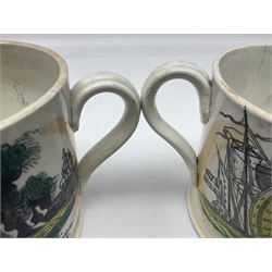 Two Staffordshire mugs, both depicting 'The Mariner's Compass' to body, with lustre decoration, the first example with 'The Sailor's Tear' quote verso, the second with 'The Sailor's Farewell', tallest H10cm