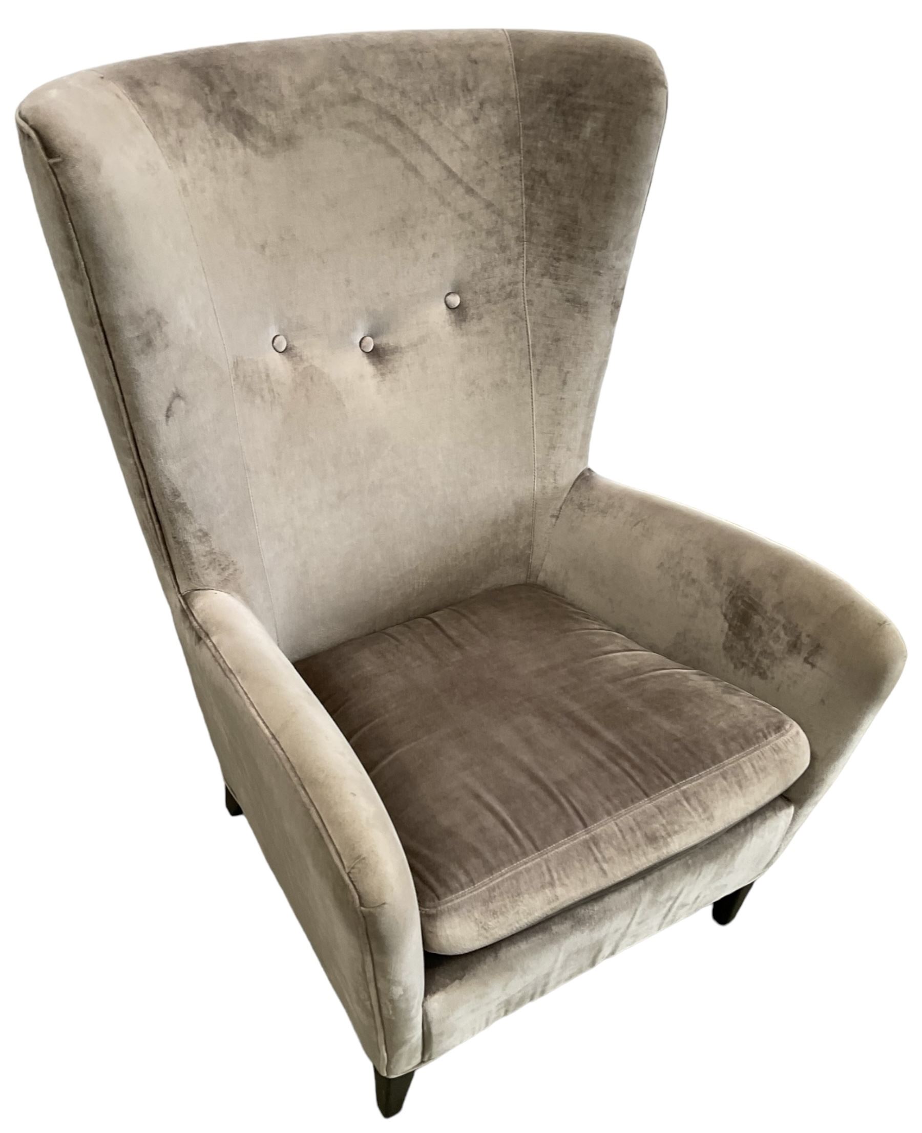 2 x Wing back armchair upholstered in silver crushed velvet fabric