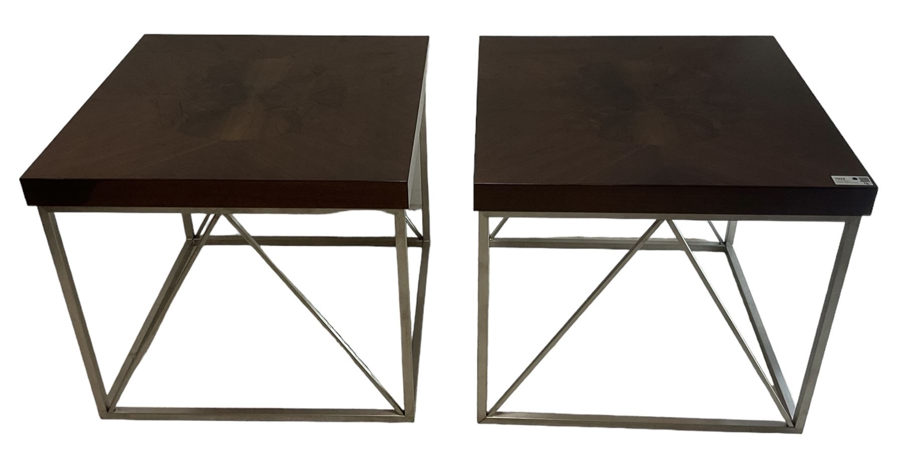 Malerba - pair of Italian burr walnut and chrome lamp tables, square top with central circular inlaid panel, raised on chrome square supports united by stretchers, retailed by Harrods