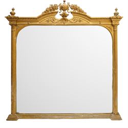 Victorian giltwood and gesso overmantel mirror, central urn finial with extending flower h...