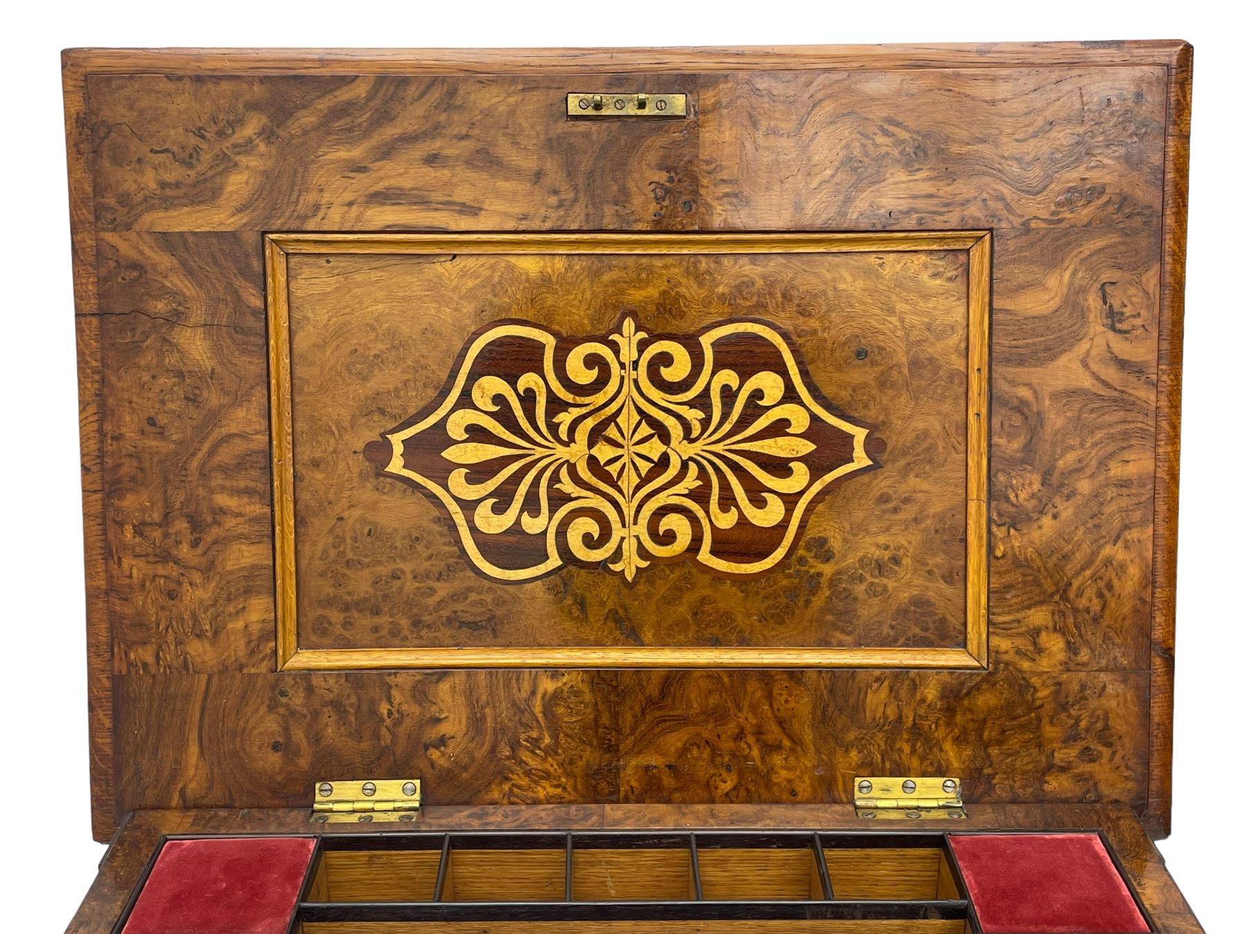 Victorian pollard oak and walnut sewing or work box, moulded rectangular hinged top with wide walnut band inlaid with satinwood panels with extending scrolled decoration, rosewood interior fitted with lidded compartments, sunken storage well and pin cushions, fretwork lids with bone handles, quadruple spiral turned pillar supports on raised rectangular platforms, united by flat fretwork stretcher, on scroll carved feet with castors