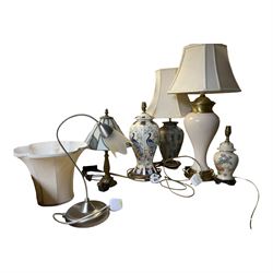 Collection of table lamps, including a crackle glaze example, Tiffany style example etc 