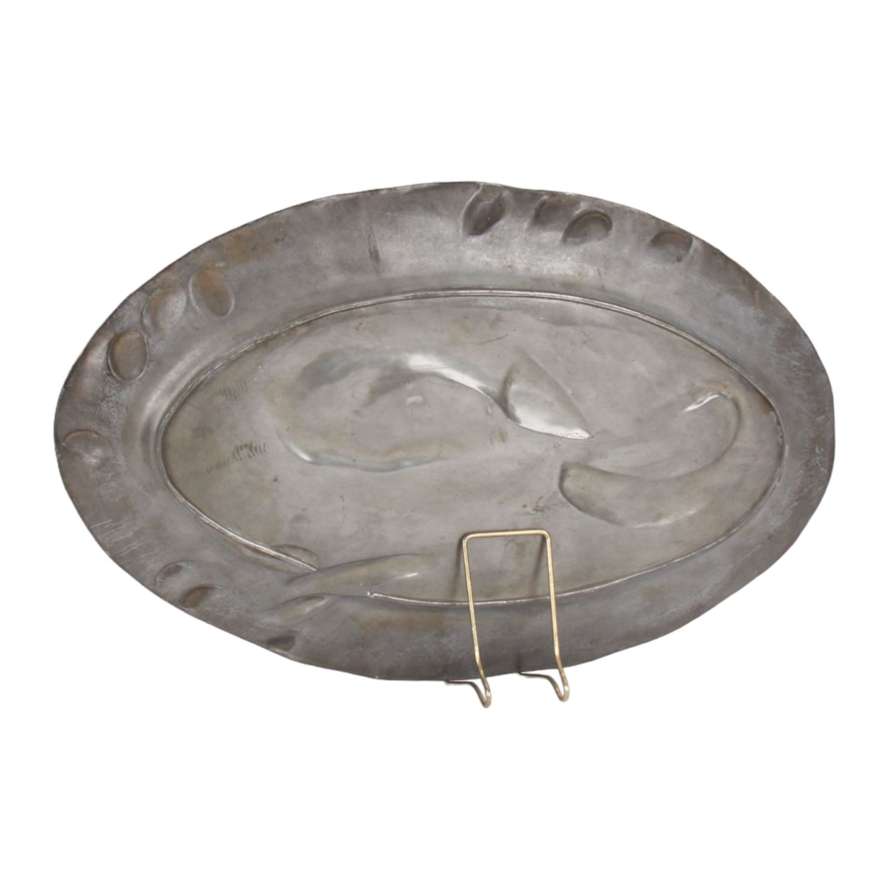 Art Nouveau pewter platter, of oval form with shaped rim, decorated in relief with a lobster and two koi fish, L52cm