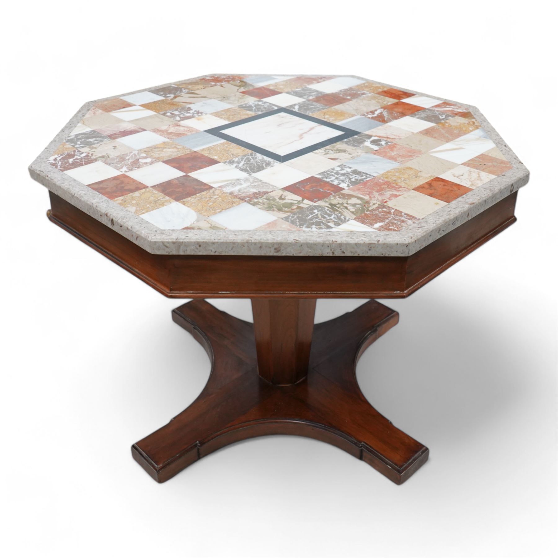 Mid-to-late 20th century marble and cherry wood specimen centre table, octagonal form, the top inlaid with various variegated marble squares within outer band, tapered octagonal pedestal on moulded platform with castors 