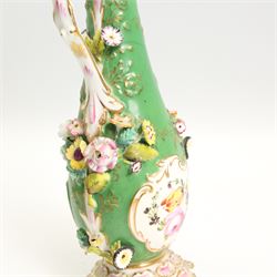 Coalbrookdale style porcelain scent bottle, the baluster form body encrusted with flowers, pair of 19th century twin handled vases, each hand painted with flower sprays, a similar vase H21cm and saucer (5)