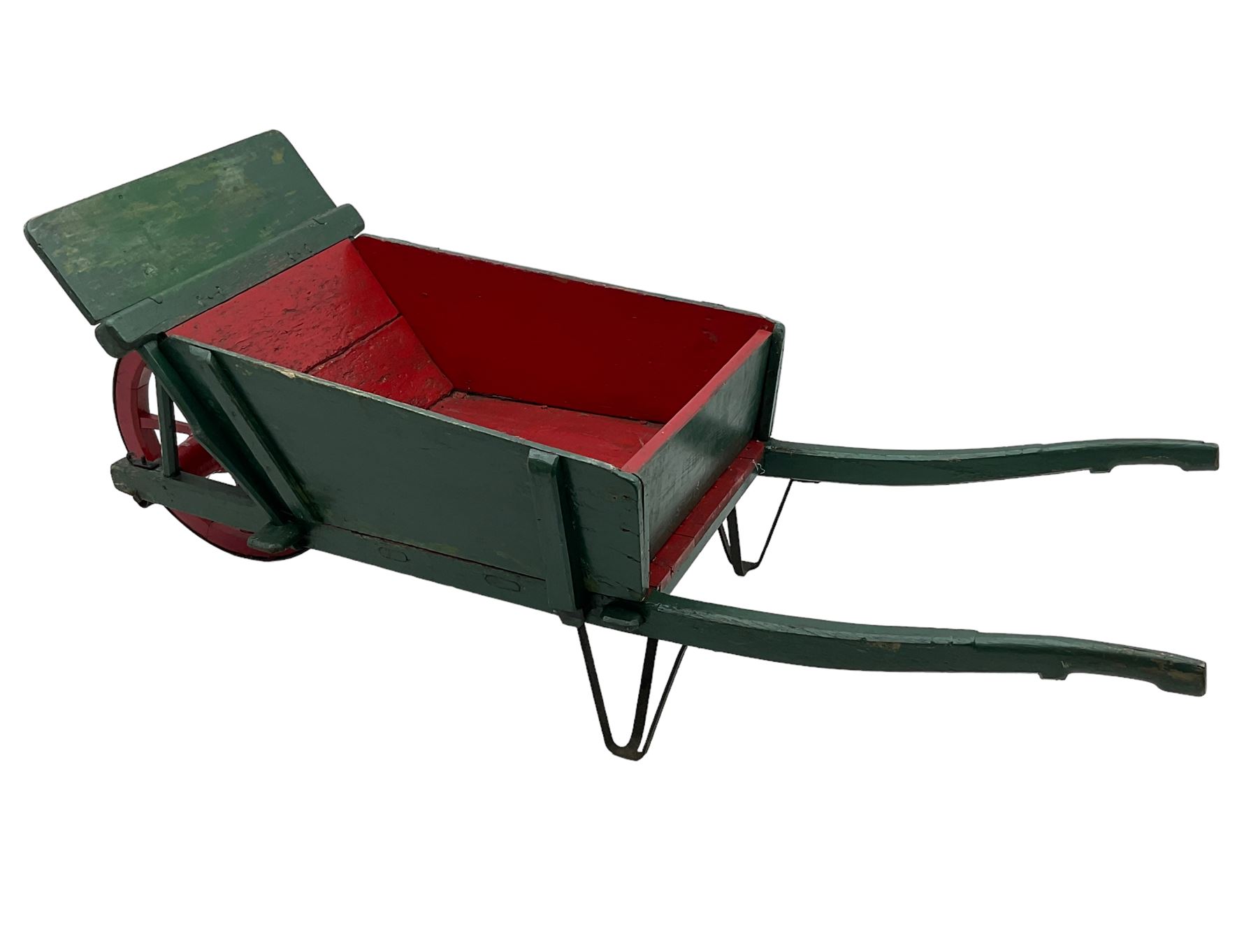 19th century green and red painted wooden wheelbarrow, flat bed with removable sides and back, wooden and wrought metal strap wheel 