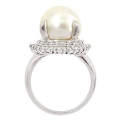 Platinum single stone cultured pearl and diamond cluster ring, stamped, total diamond weight approx 0.50 carat