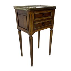 Pair of French design mahogany and marble bedside lamp tables, rectangular white marble top with raised brass gallery, fitted with two drawers, sunken facias with applied brass edging, panelled sides, on turned and fluted tapering supports 