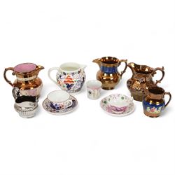 19th century and later lustre ware, including cup and saucer decorated in pink with a chil...