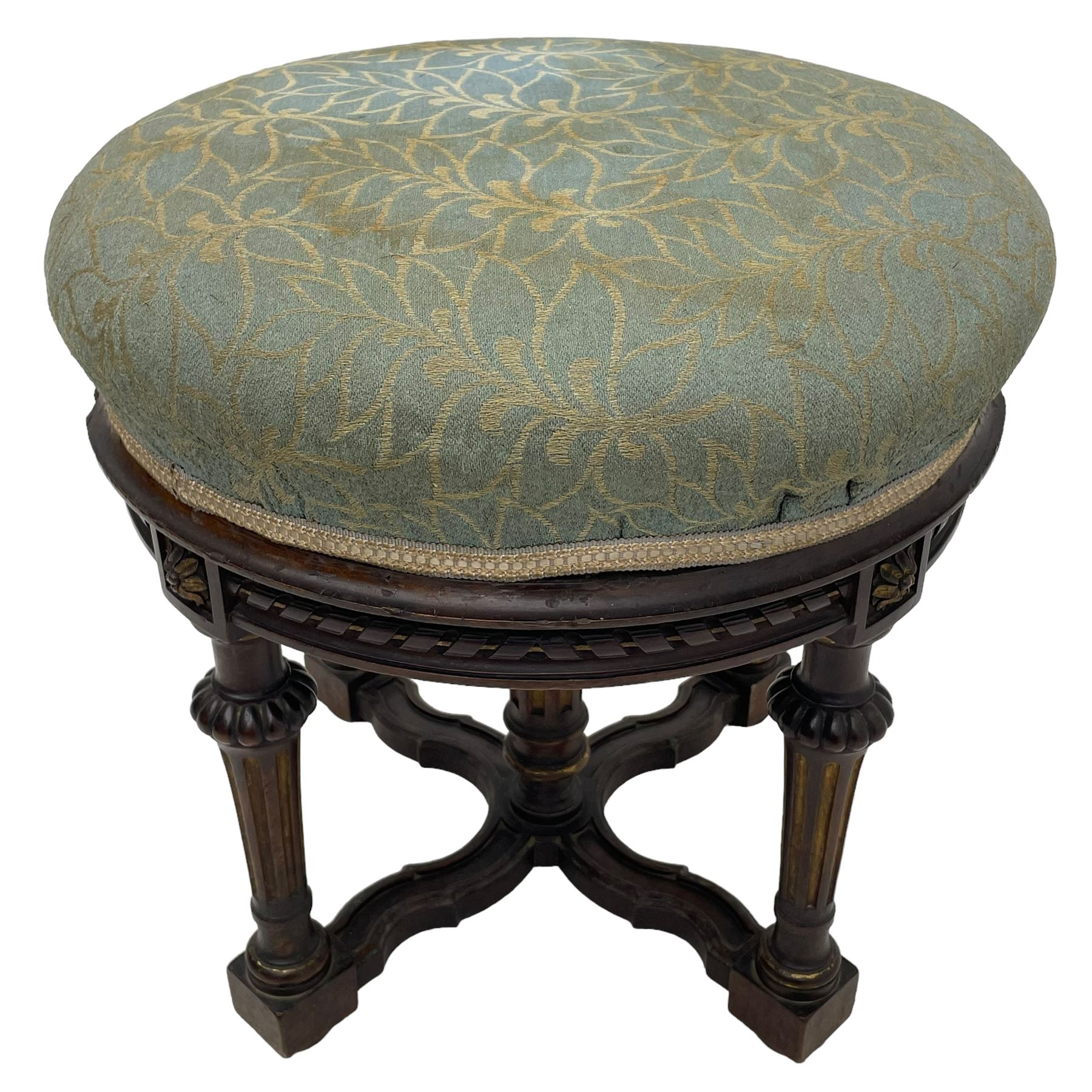 Holland & Sons (London: 1843-1942) - mid-to-late 19th century French design stool, circular form with upholstered cushioned seat in foliate pattern fabric, on lobe carved turned and fluted supports united by shaped X-framed lower stretchers 