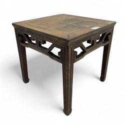 Late Qing dynasty Chinese elm tea table, geometric frieze rails over horse hoof supports 