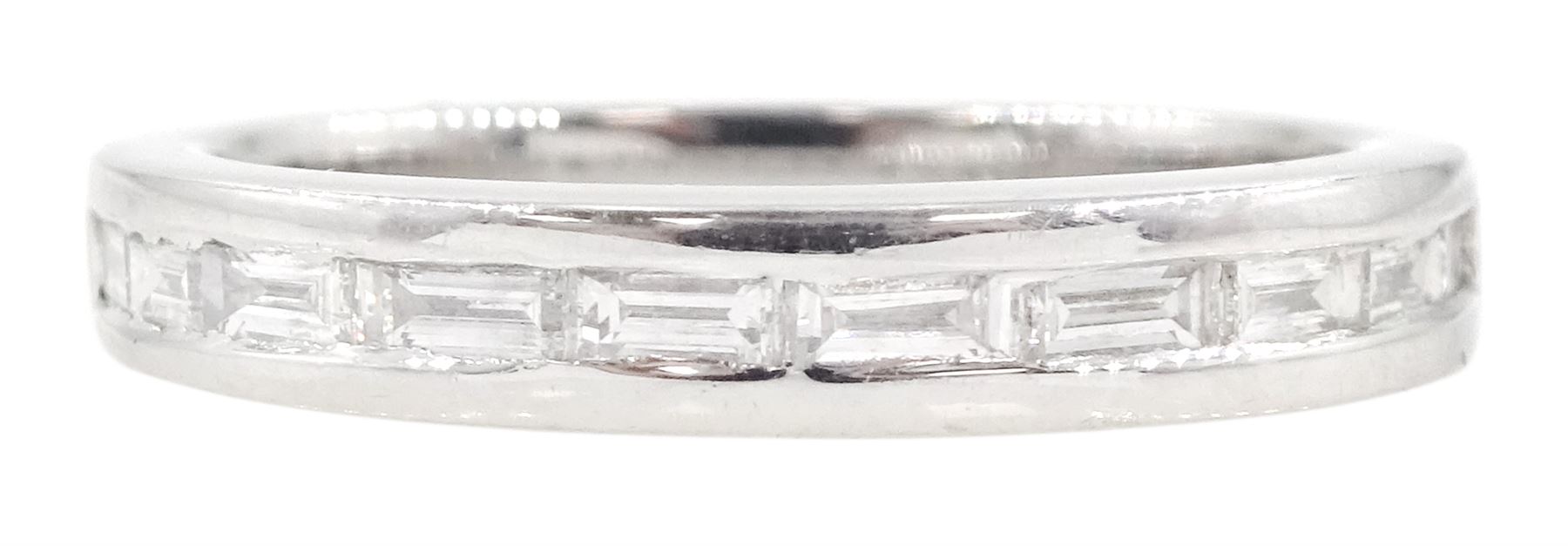 Platinum channel set baguette cut diamond half eternity ring, hallmarked, total diamond weight approx 0.35 carat