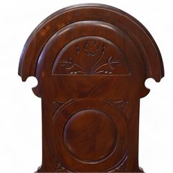 Pair of late Victorian mahogany hall chairs, arched cresting over foliate carved decoration and carved roundel back, chamfered seat over ring turned front supports 