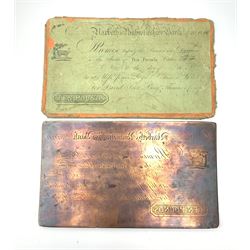 19th Century provincial Narbeth and Pembrokeshire bank copper banknote printing plate for ten pounds, housed in a card sleeve the front being printed with the banknote design 