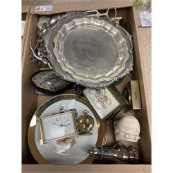 Collection of silver plate, including trays, jugs, wine holder, together with binoculars and other collectables, in two boxes  