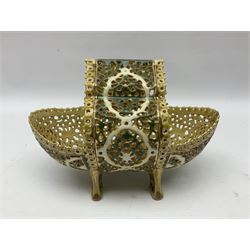 Hungarian Zsolnay Pecs gilt and green reticulated basket, upon four feet, with gold mark beneath, H14cm L21cm