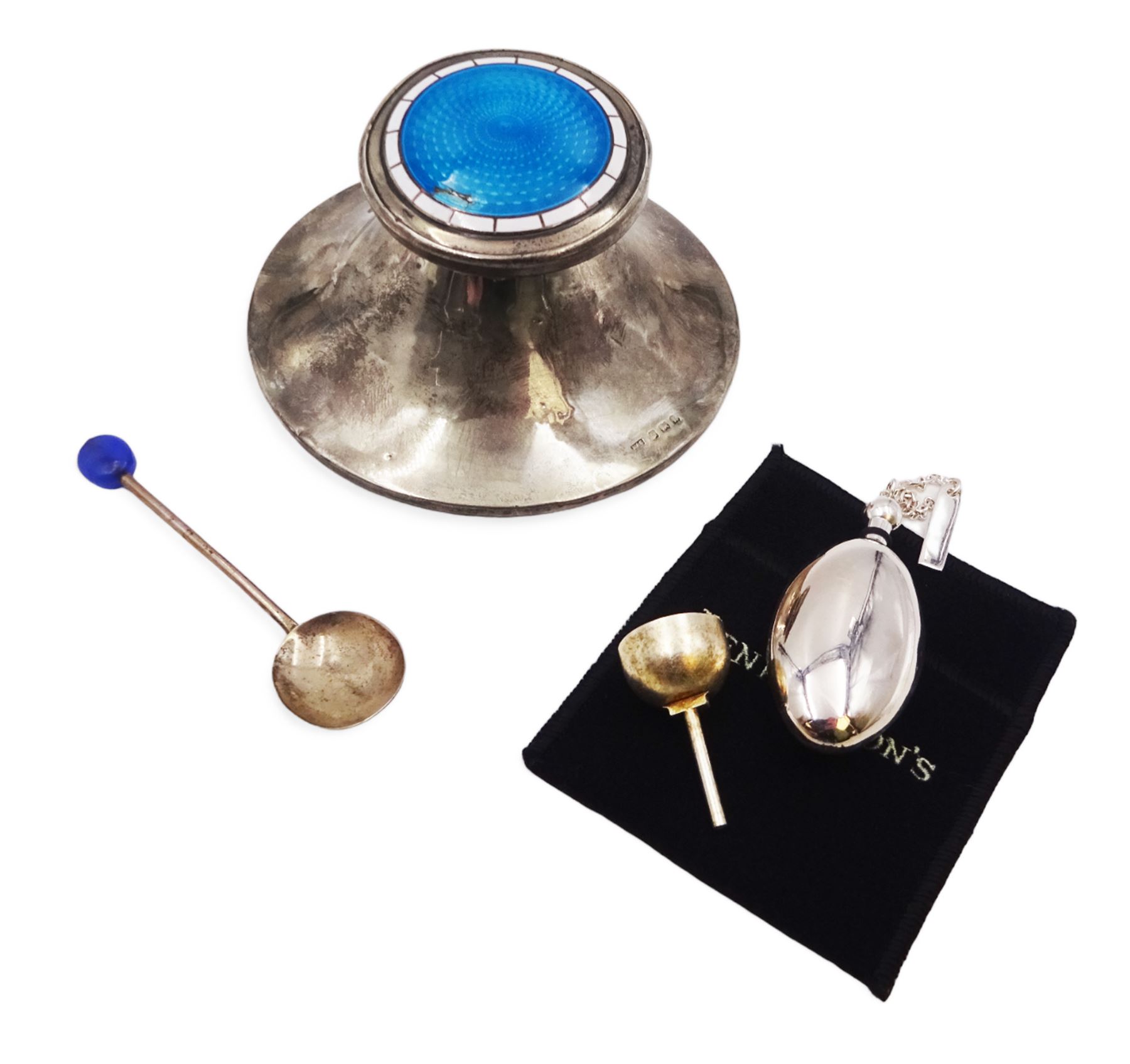 Edwardian silver capstan inkwell, with guilloche enamel silver cover, Birmingham 1909, maker's mark indistinct, together with a Penhaligons silver scent bottle on chain and a silver coffee bean spoon, capstan inkwell H5.5cm