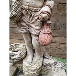 Three section cast stone garden figure of a boy carrying fishing net and a satchel with a water feature together with a cast stone planter on plinth - THIS LOT IS TO BE COLLECTED BY APPOINTMENT FROM DUGGLEBY STORAGE, GREAT HILL, EASTFIELD, SCARBOROUGH, YO11 3TX