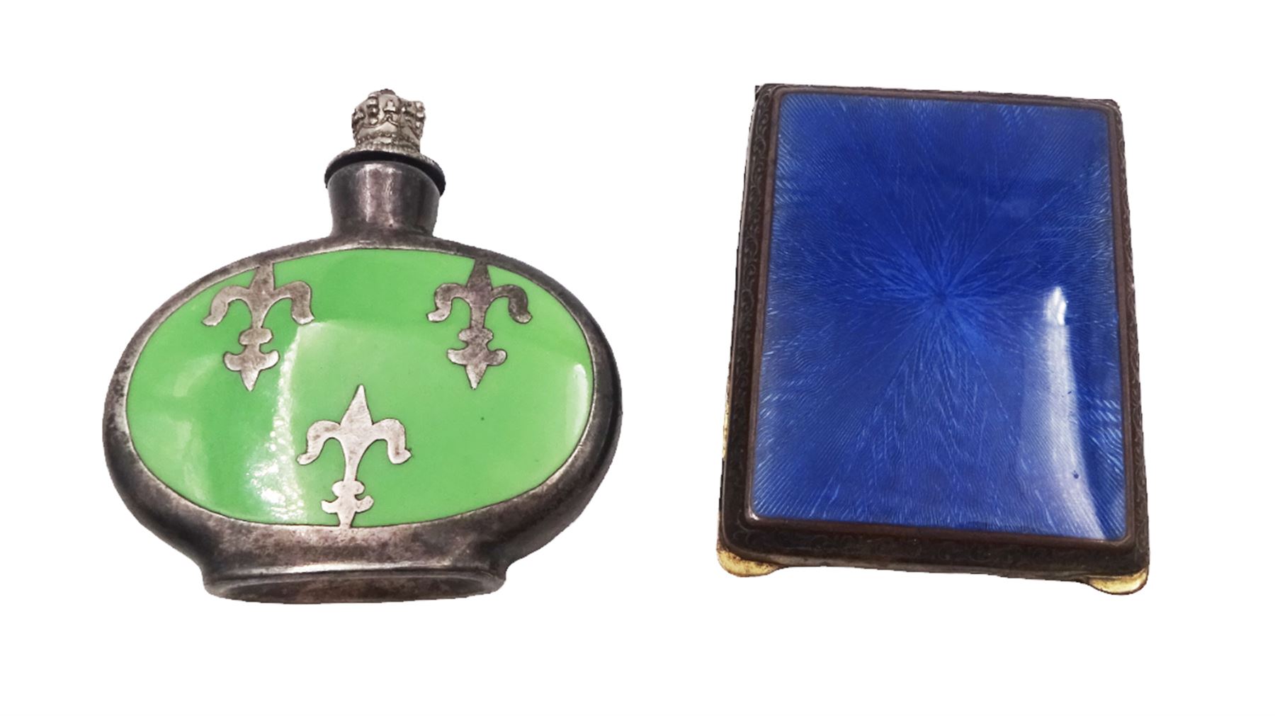 Early 20th century small brass cigarette case, with guilloche enamel panel to hinged cover, together with a silver plated ceramic scent bottle, cigarette case H6cm