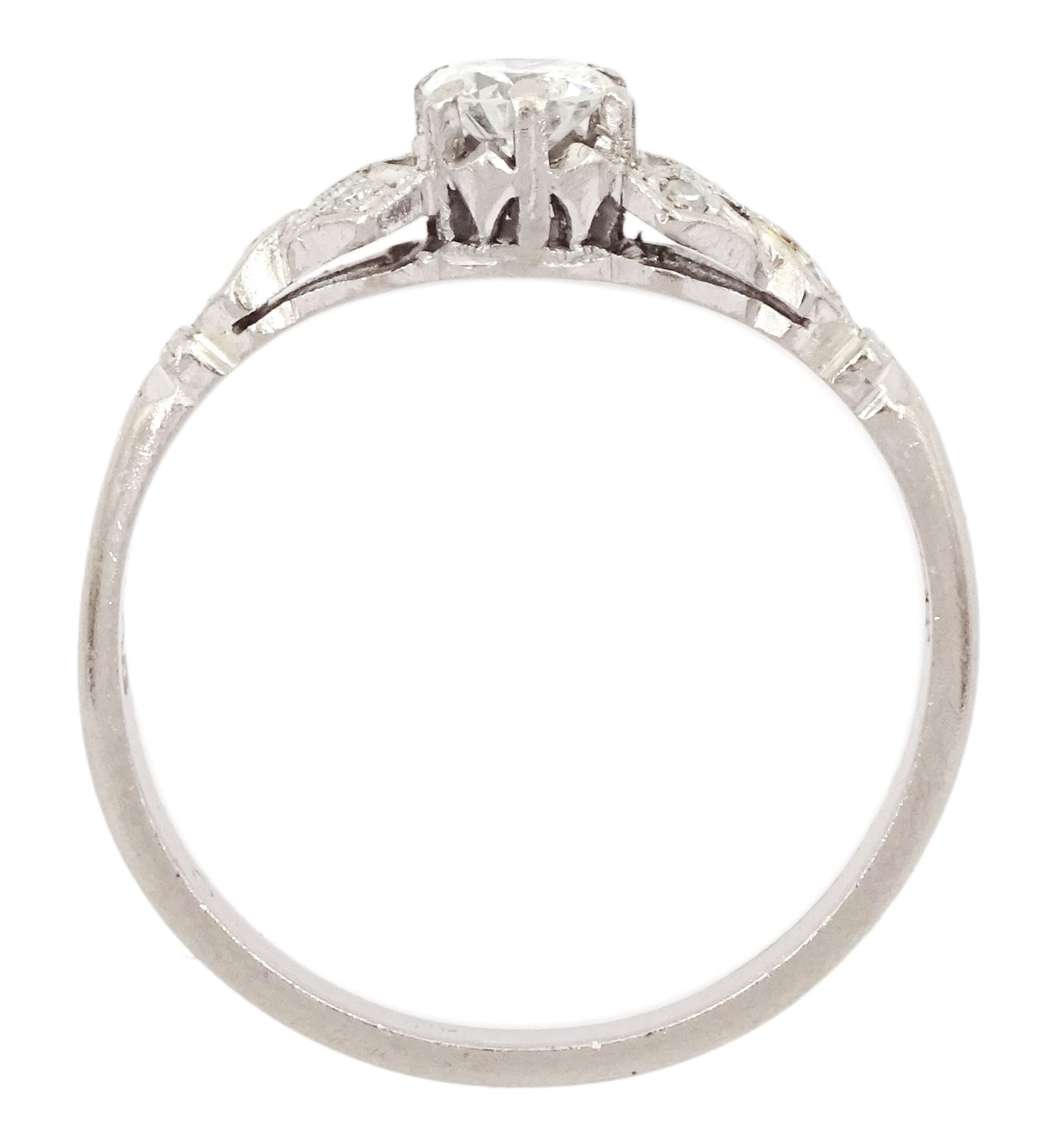 White gold single stone round brilliant cut diamond ring, with milgrain set diamond openwork shoulders, stamped 18ct, principal diamond approx 0.25 carat