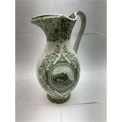 19th century Copeland & Garrett New Blanche wash jug, with green transfer printed decoration of 'West Cowes', H36cm, together with a treacle glaze pottery puzzle jug, H28cm