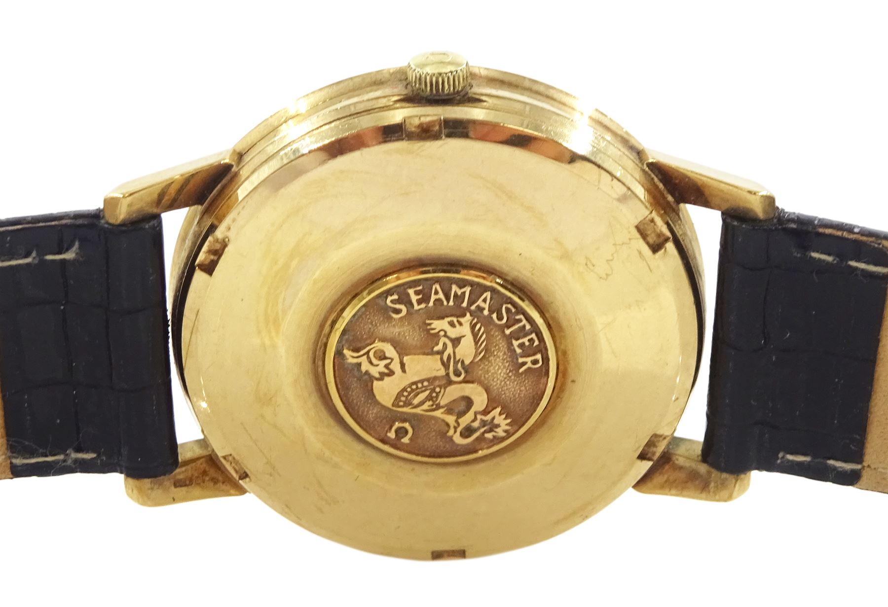 Omega Seamaster gentleman's 9ct gold automatic wristwatch, Ref. 165/6-5003, Cal. 552, serial No. 24735020, silvered dial with Arabic and baton hour markers, Birmingham 1966, on black leather strap