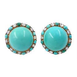 Pair of gold turquoise and diamond circular clip earrings, stamped 14K