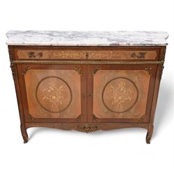 Mid-to-late 20th century mahogany and walnut side cabinet, shaped white and grey variegated marble top, single frieze drawer inlaid with scrolling leafy branches and flower heads, single internal shelf enclosed by two doors inlaid with flowers, decorated with cast gilt metal mounts, on cabriole feet 