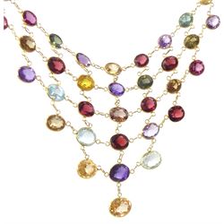 14ct gold multi gemstone set fringe necklace, including amethyst, topaz and garnet