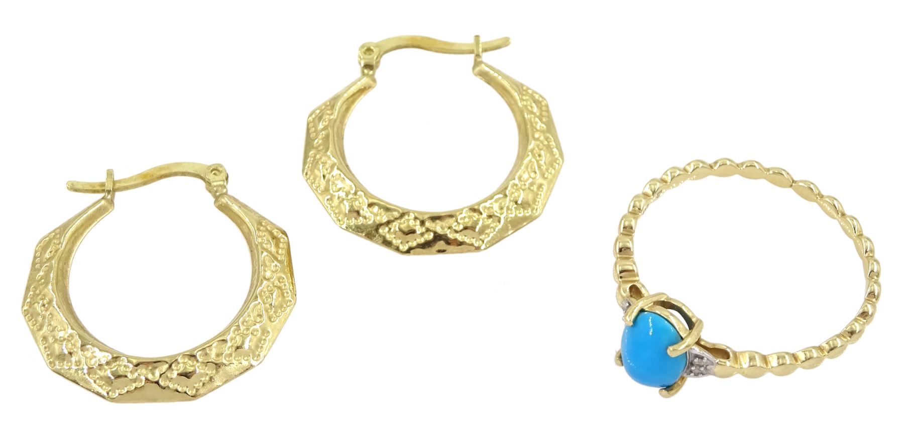 Gold turquoise diamond ring and a pair of gold hoop earrings, both 9ct