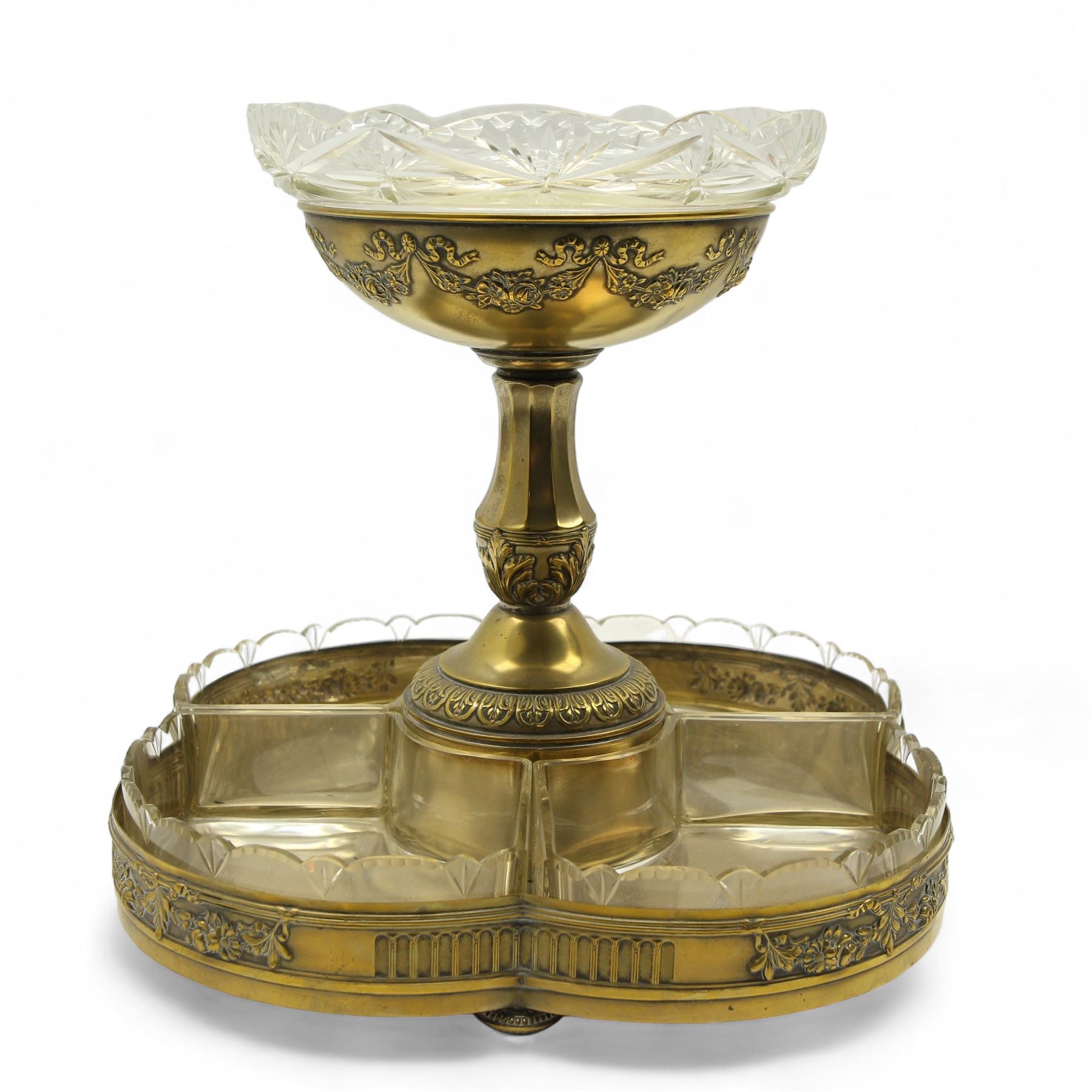 Large early 20th century German silver plate and cut glass two-tier centrepiece, embossed with ribbons and floral swags, makers mark for Badische Metallwarenfabrik, H36cm 