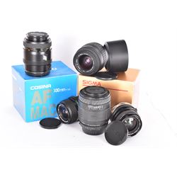 Group of camera lenses, comprising Cosina 100mm 1:3.5 MC Macro lens serial no. 9924159, Sigma DL Zoom 35-80mm 1:4-5.6 serial no 2031995, both boxed, Sigma UC Zoom 70-210mm 1:4-5.6 lens serial no. 1014147 and a Sigma Mini-Wide 1:2.8 f=28mm lens serial no. 261735, etc