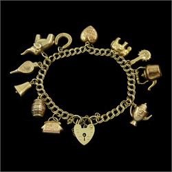 9ct gold double curb link bracelet, with heart locket clasp and eleven 9ct gold charms inc...