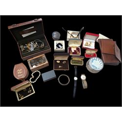 Two 9ct gold cased wristwatches, silver bangle, silver box and a collection of costume jewellery