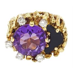 18ct gold amethyst, round brilliant cut diamond and onyx ring, with openwork bark effect s...