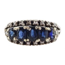 Three row graduating oval cut sapphire and diamond ring