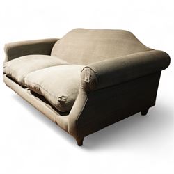 Loaf - grande traditional shape three two sofa, shaped back over rolled arms, upholstered in stone-grey fabric, on turned oak feet