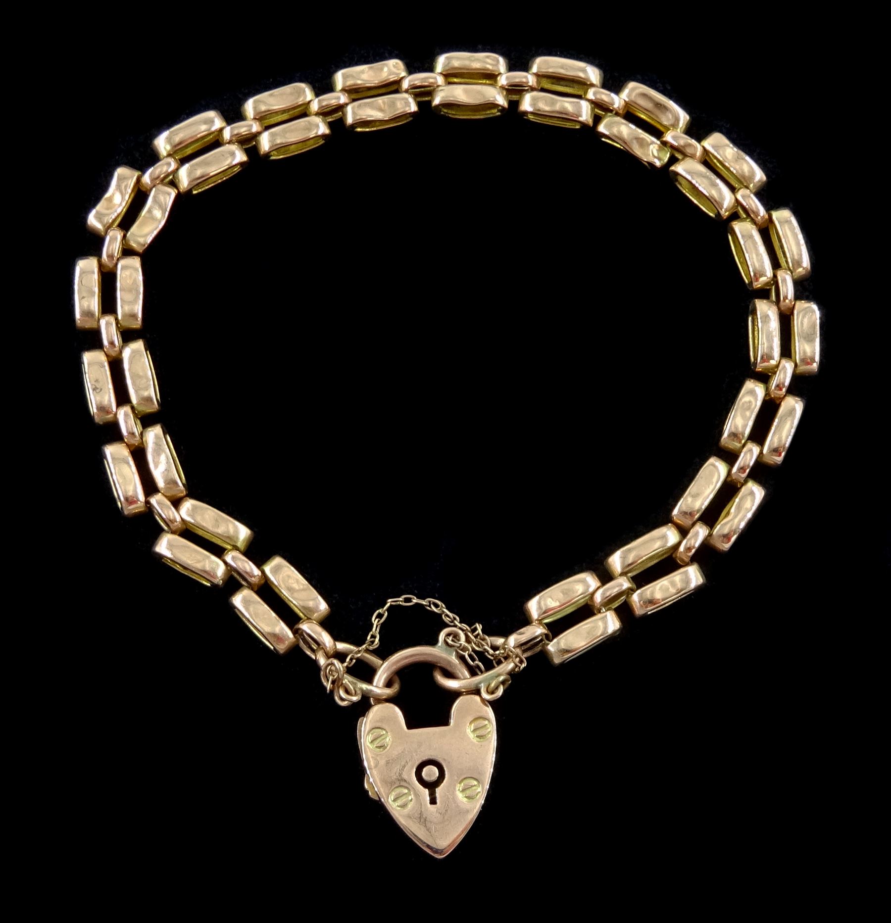 Early 20th century rose gold rectangular link bracelet, with heart locket clasp by Henry Griffith & Sons Ltd, stamped 9ct